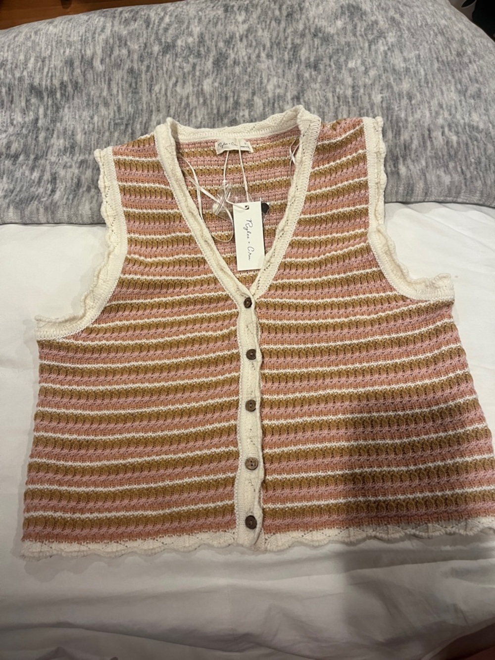 Striped Crochet Button-Front Vest in Pink and Cream